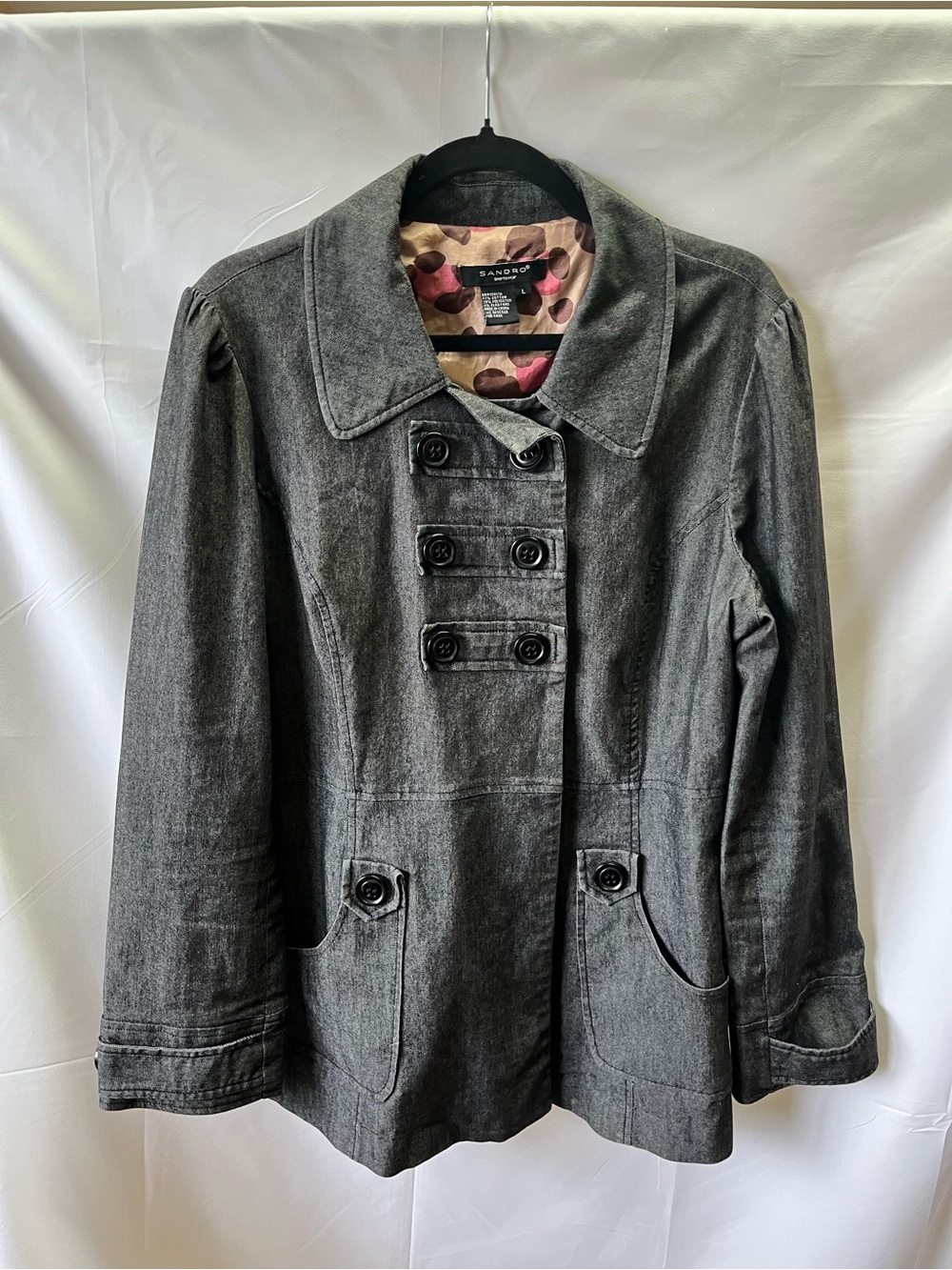 Sandro Charcoal Gray Double-Breasted Pea Coat with Button Detail